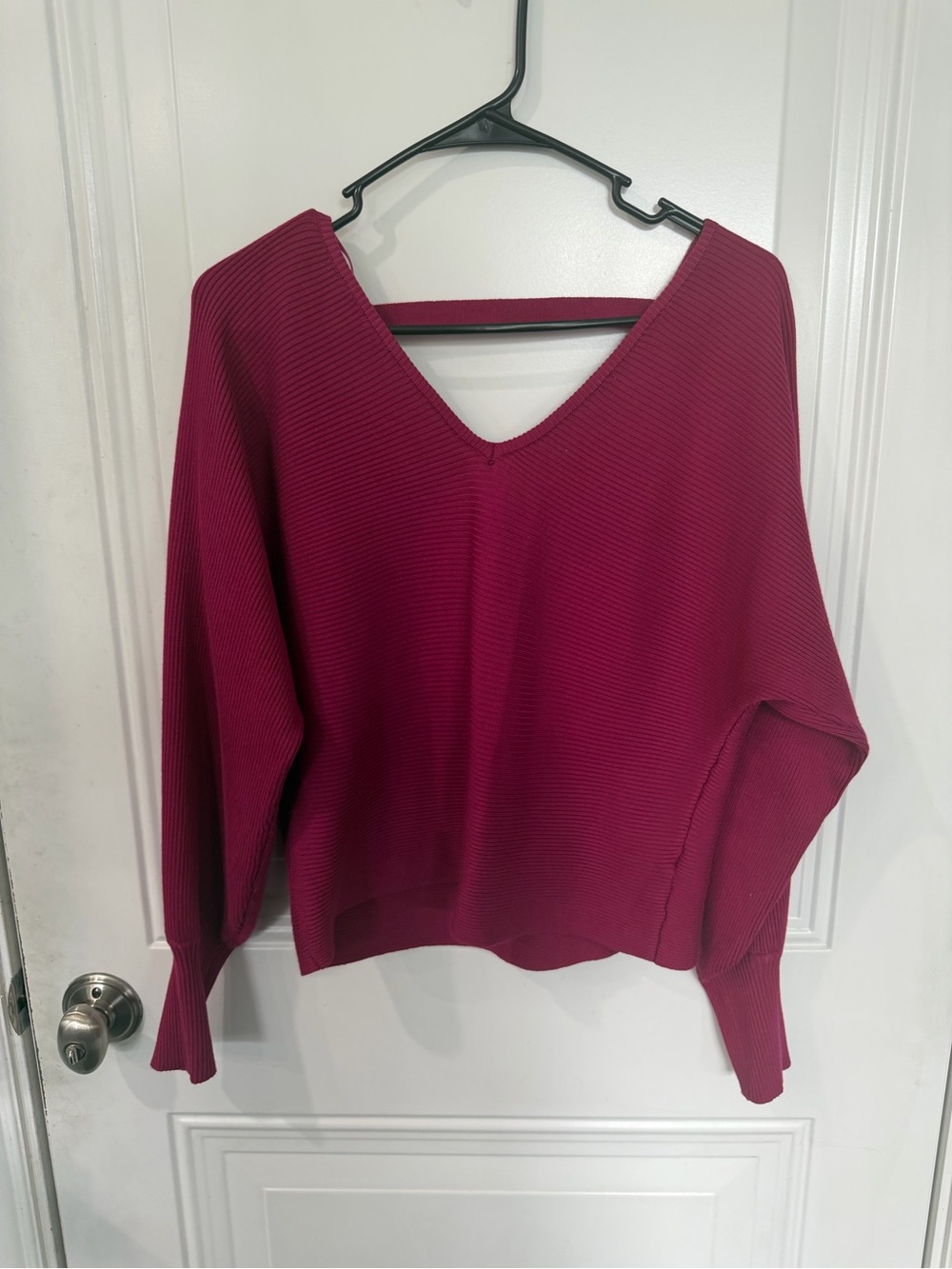 Pink Rose V-Neck Ribbed Sweater in Berry